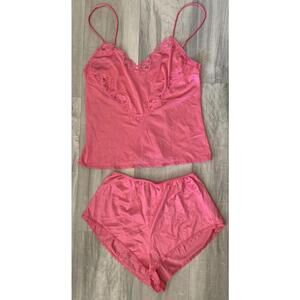 Vtg Silky LACE ROYALE BY WARNER'S Pink Pajama Set Camisole Bottoms Nylon Sz M